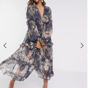 Navy Floral Dress - Tiered Maxi